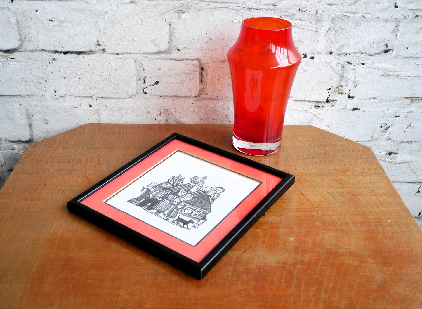 Unusual Small Vintage Wood Block Engraving Framed Art Print in the Style of Ilya Schor