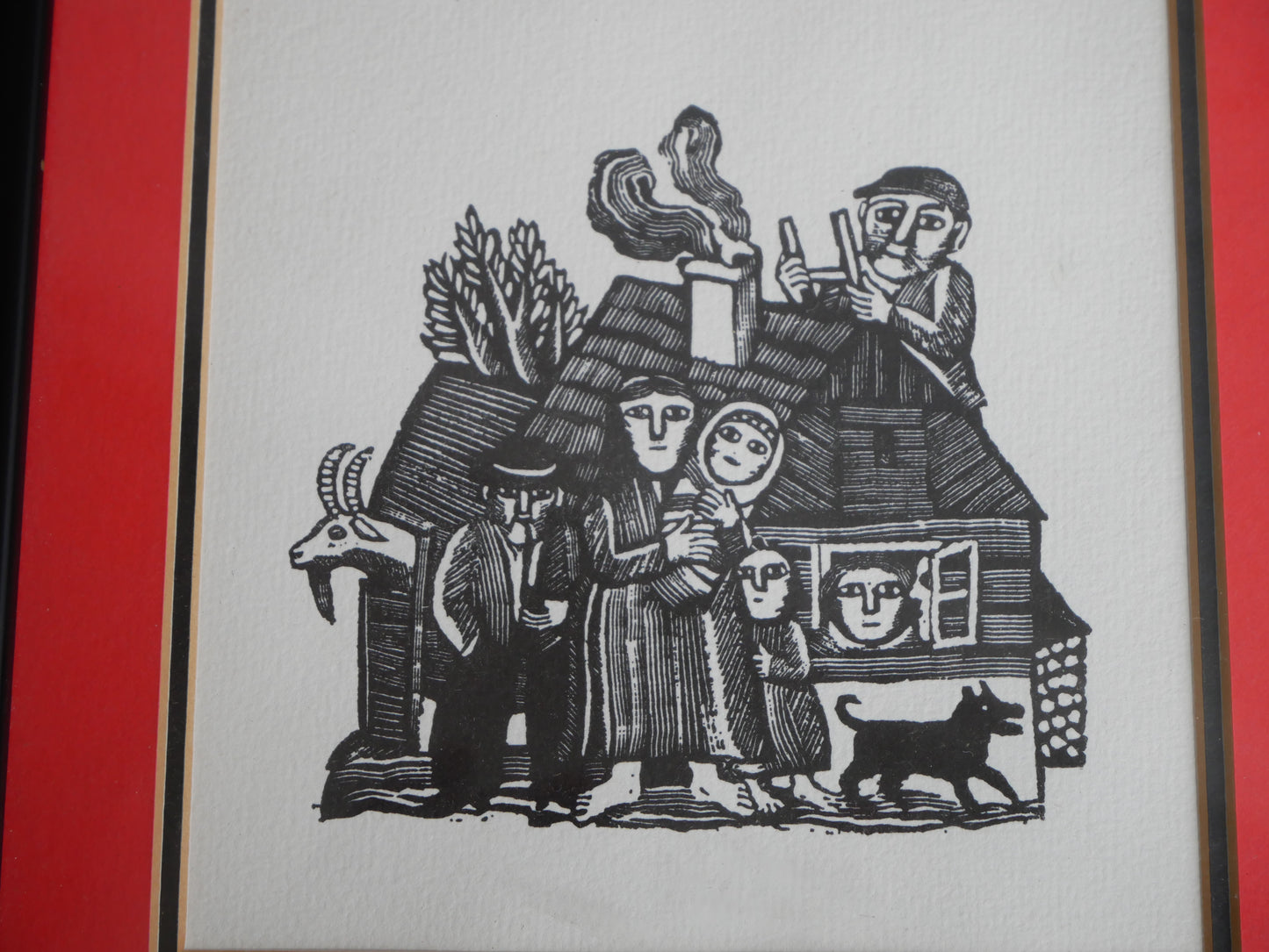 Unusual Small Vintage Wood Block Engraving Framed Art Print in the Style of Ilya Schor