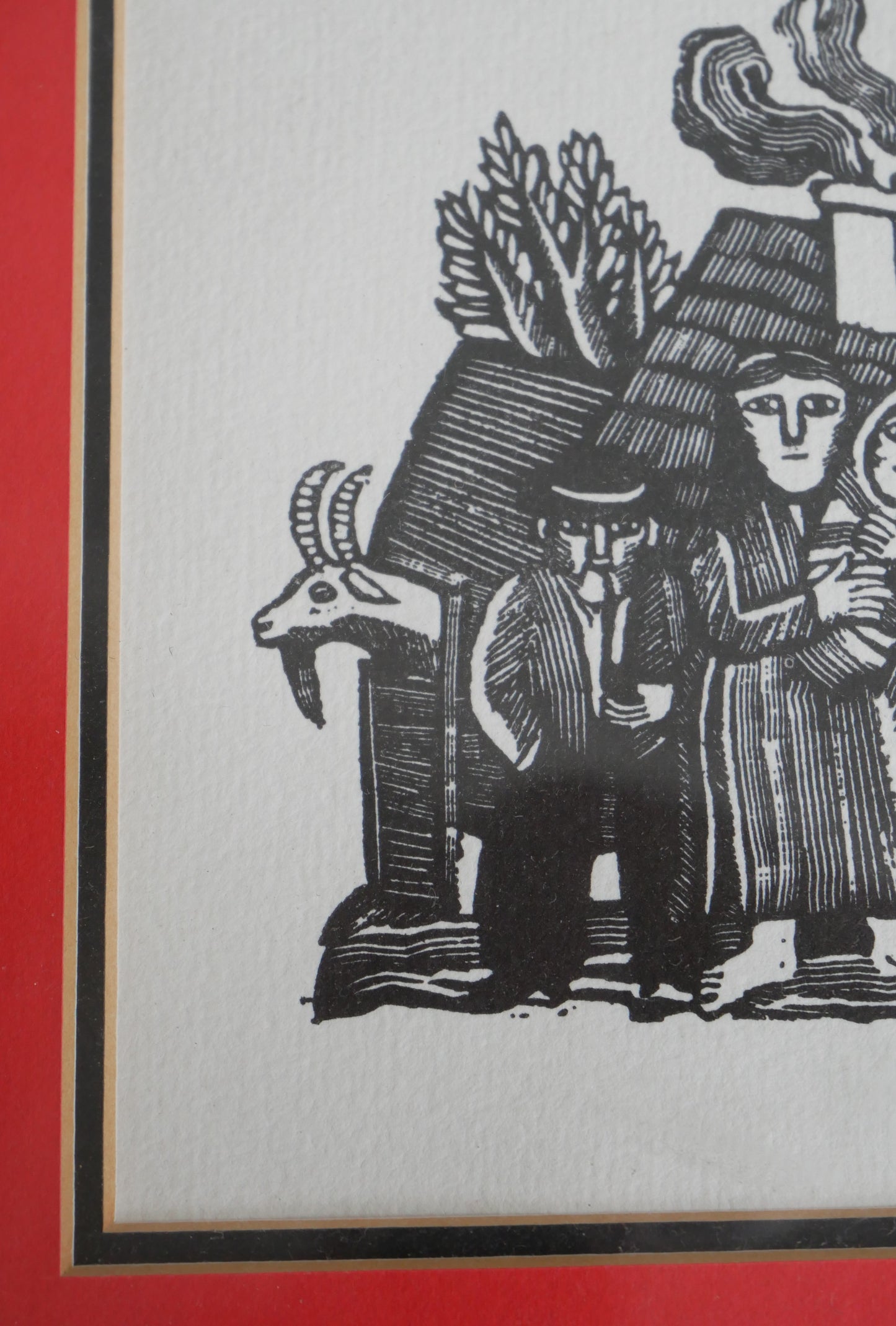 Unusual Small Vintage Wood Block Engraving Framed Art Print in the Style of Ilya Schor