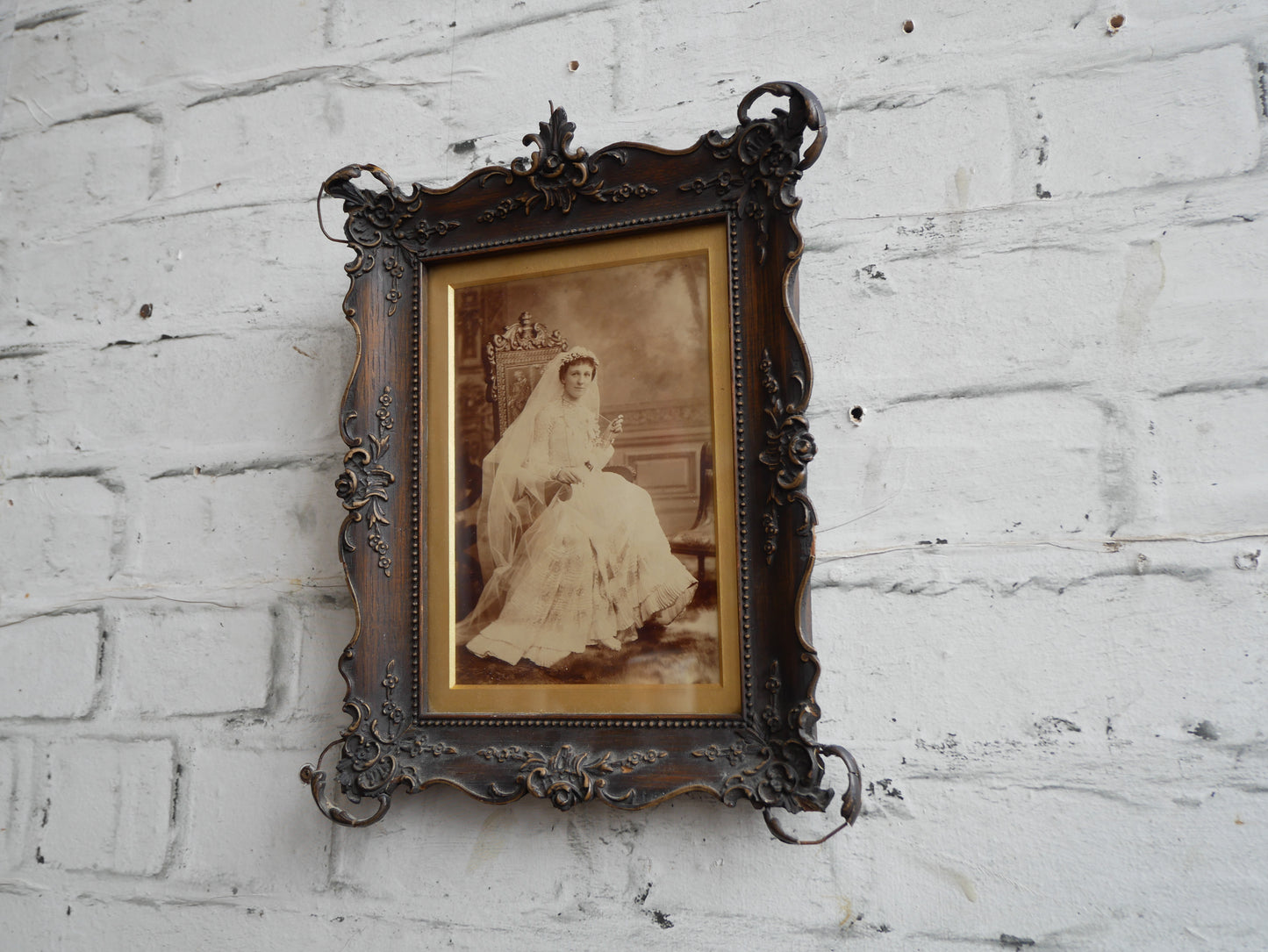 Distressed Antique Edwardian George Barnes Picture Wall Frame with Period Photograpgh of a Bride.