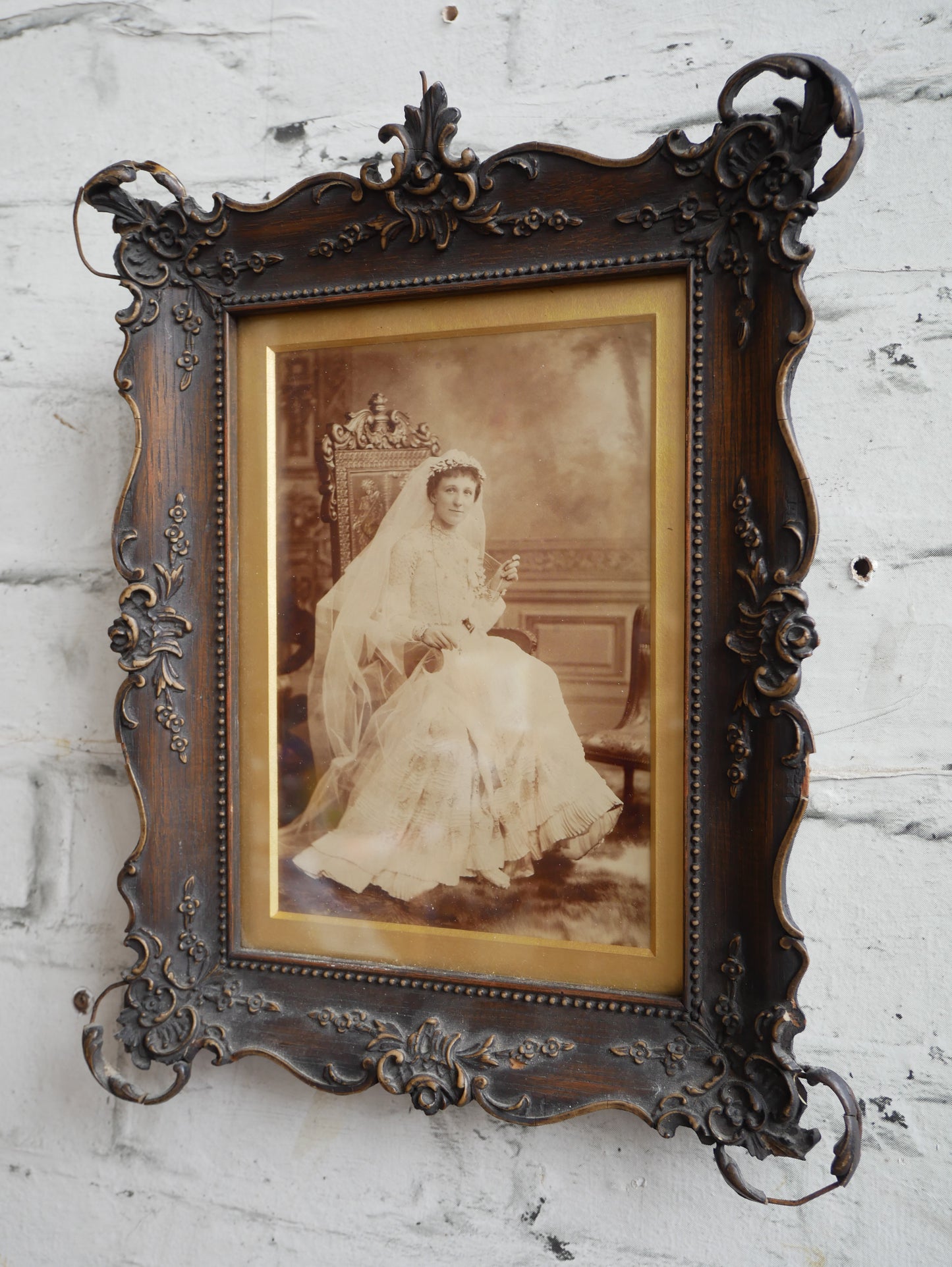 Distressed Antique Edwardian George Barnes Picture Wall Frame with Period Photograpgh of a Bride.