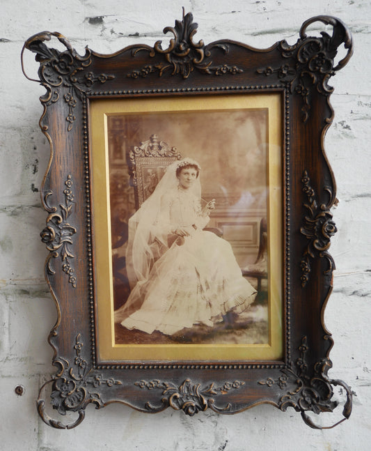 Distressed Antique Edwardian George Barnes Picture Wall Frame with Period Photograpgh of a Bride.