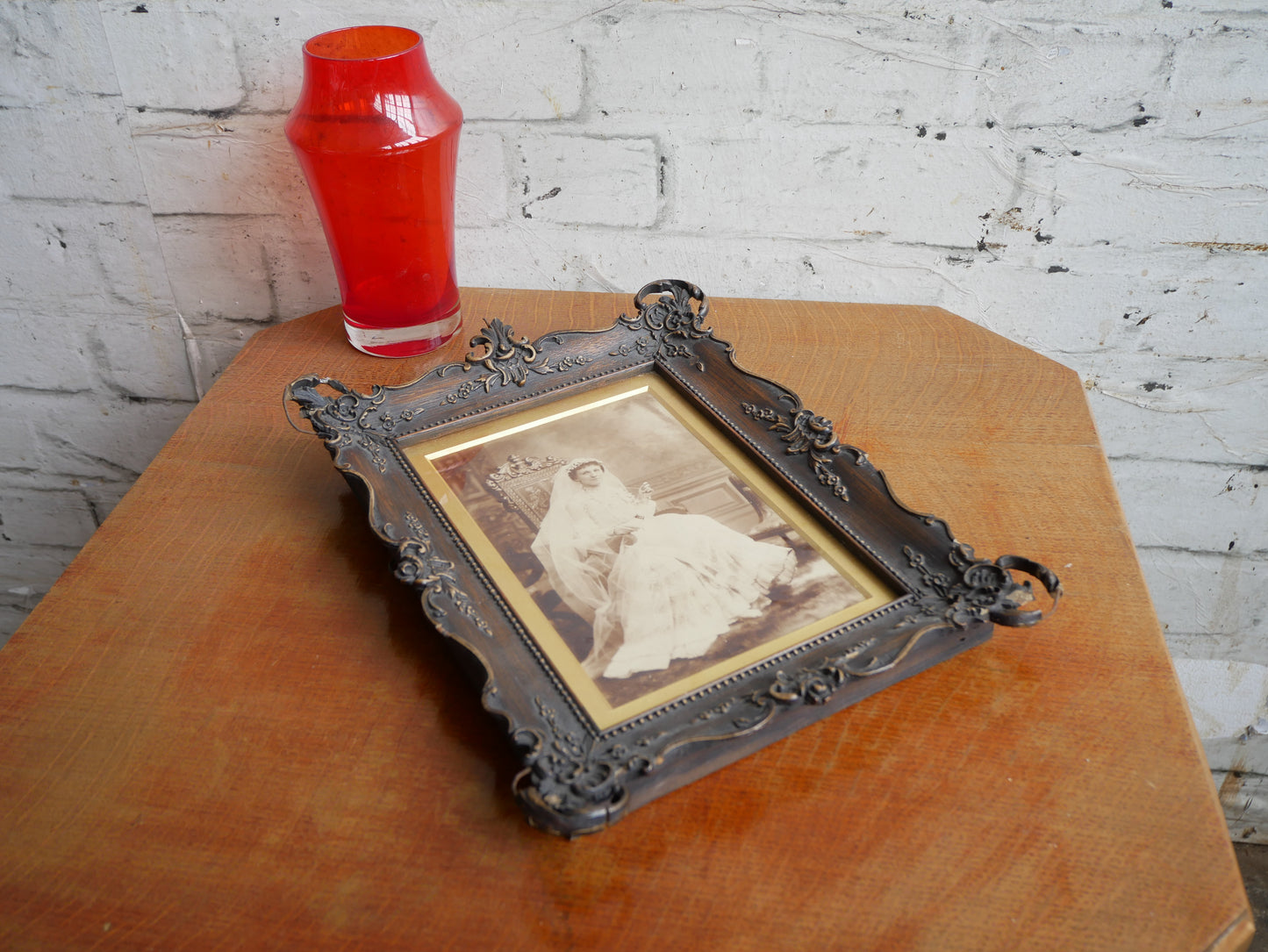 Distressed Antique Edwardian George Barnes Picture Wall Frame with Period Photograpgh of a Bride.