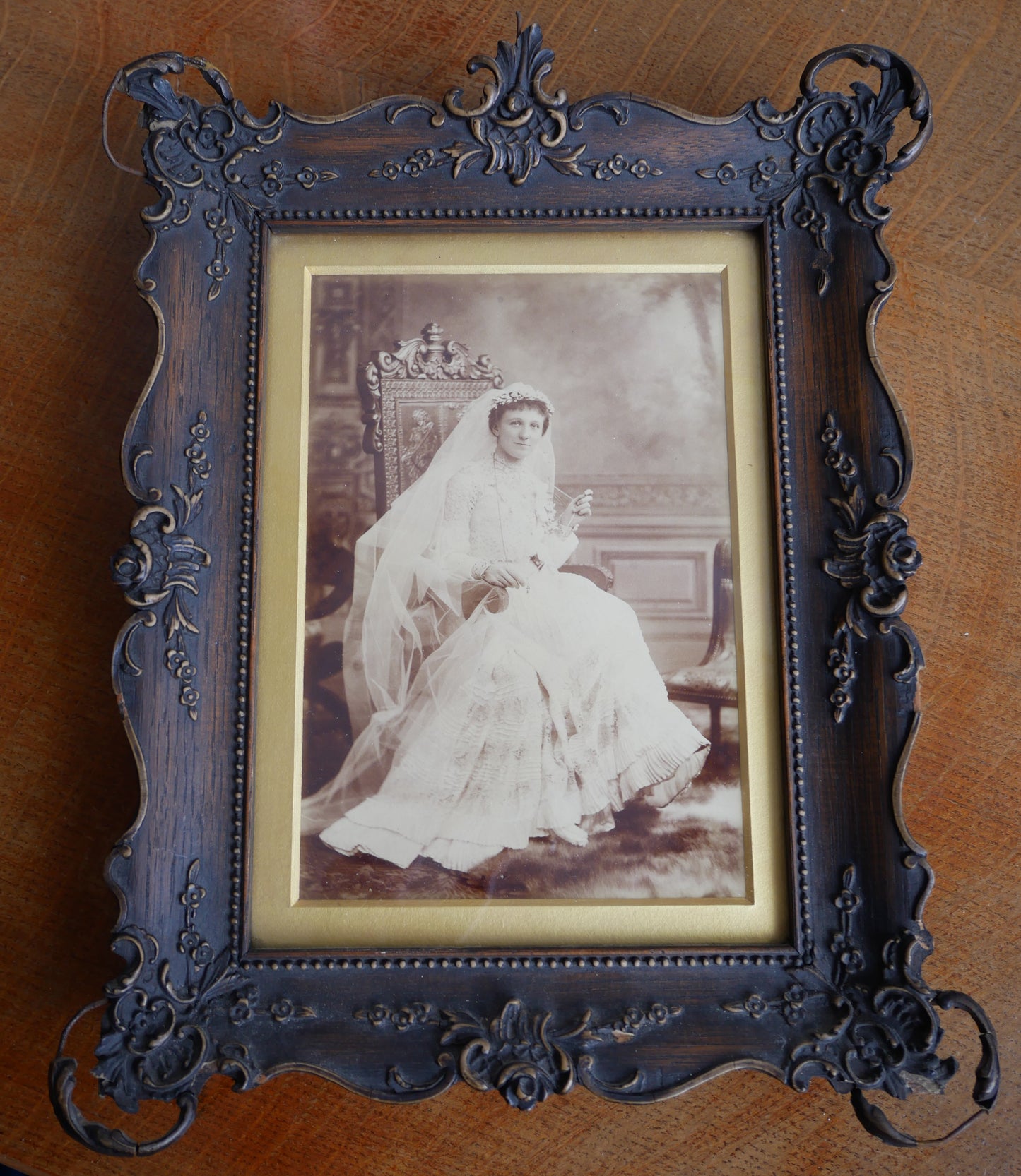 Distressed Antique Edwardian George Barnes Picture Wall Frame with Period Photograpgh of a Bride.