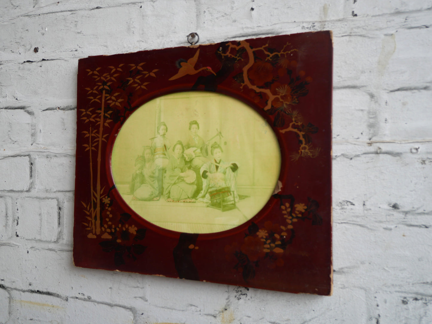 Distressed Antique Meiji Period Japanese Lacquered Chinoiserie Wall Frame with Geisha Girls Photograph