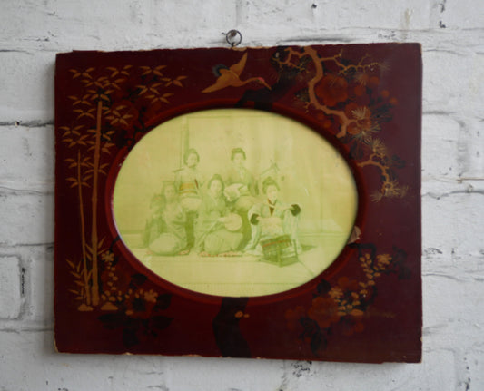 Distressed Antique Meiji Period Japanese Lacquered Chinoiserie Wall Frame with Geisha Girls Photograph