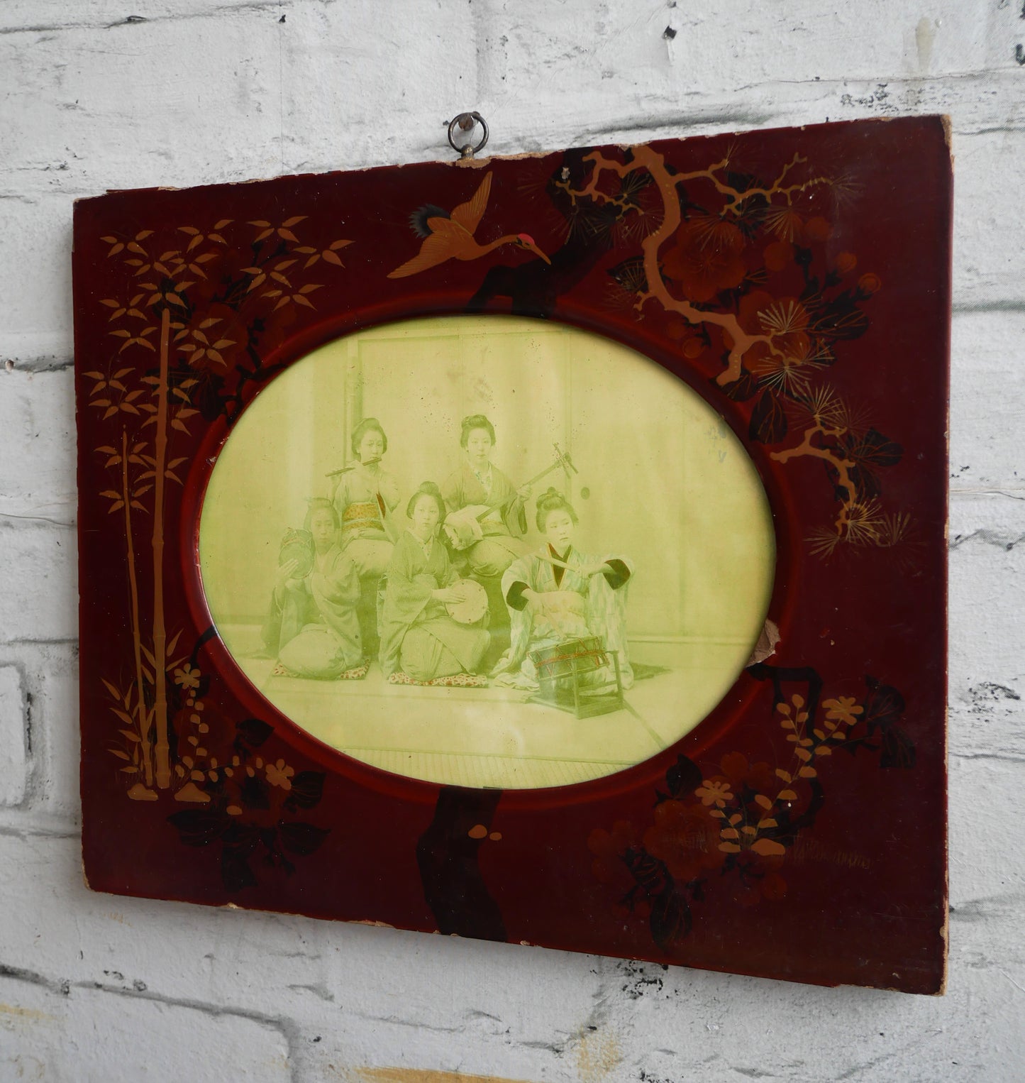 Distressed Antique Meiji Period Japanese Lacquered Chinoiserie Wall Frame with Geisha Girls Photograph