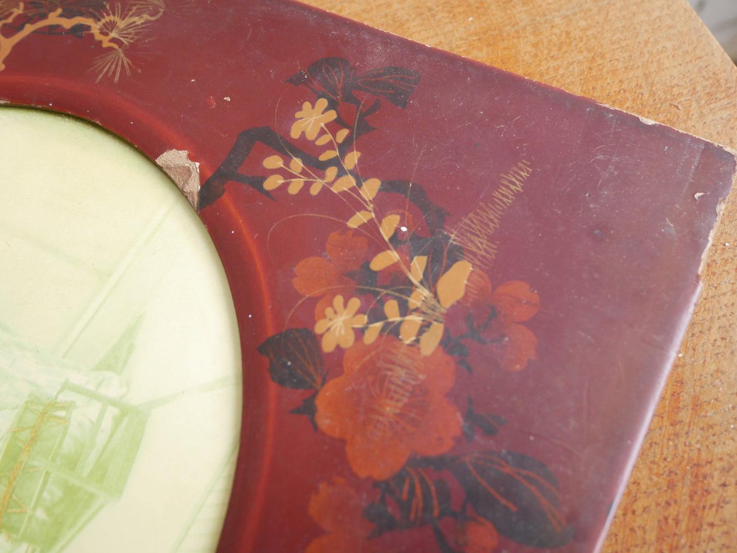 Distressed Antique Meiji Period Japanese Lacquered Chinoiserie Wall Frame with Geisha Girls Photograph