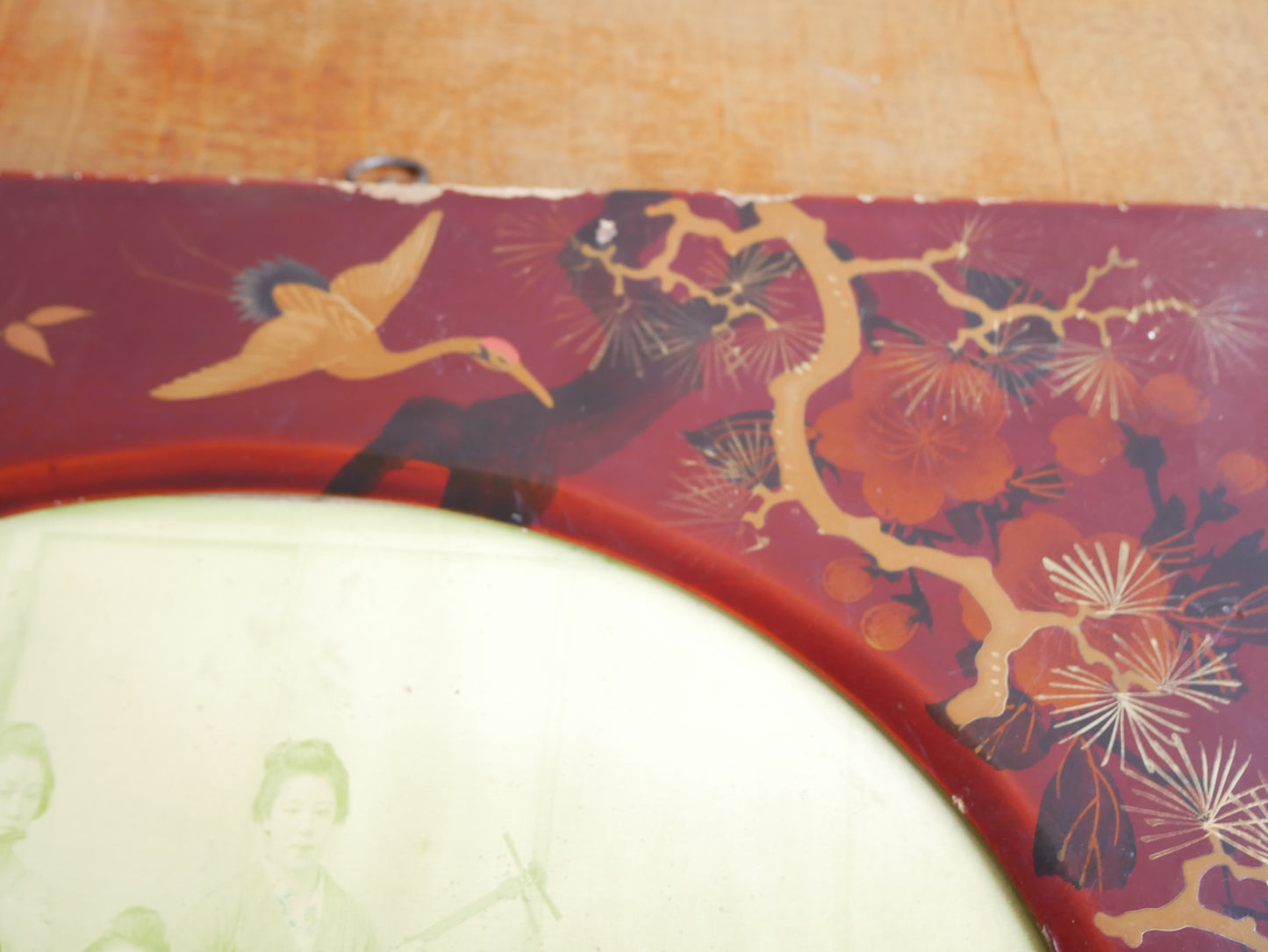 Distressed Antique Meiji Period Japanese Lacquered Chinoiserie Wall Frame with Geisha Girls Photograph