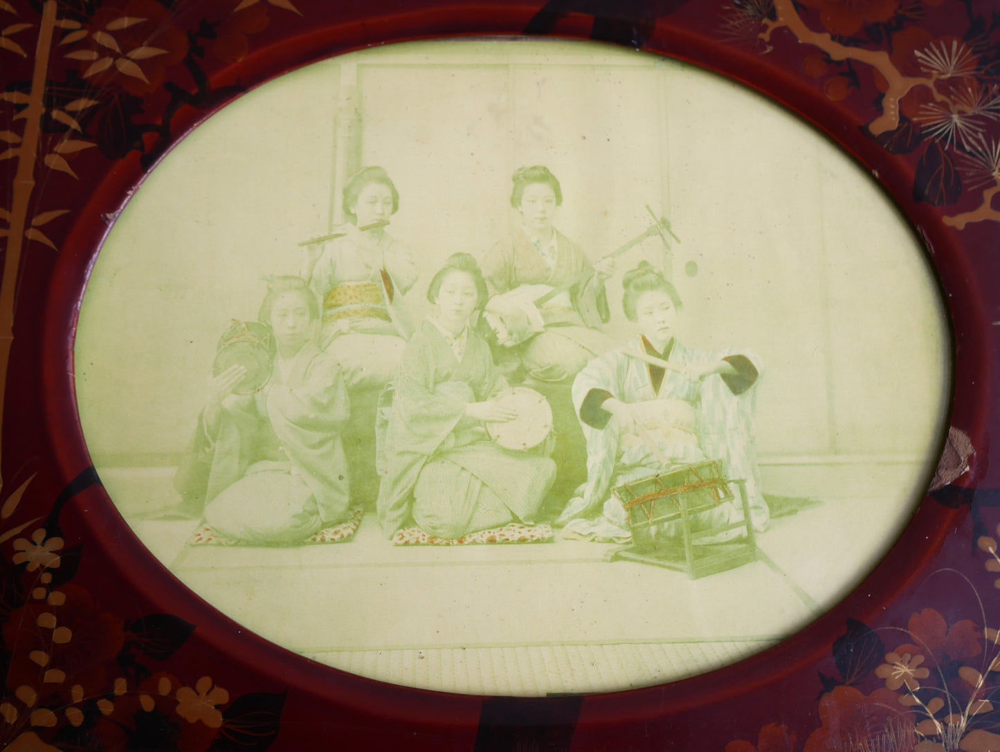 Distressed Antique Meiji Period Japanese Lacquered Chinoiserie Wall Frame with Geisha Girls Photograph