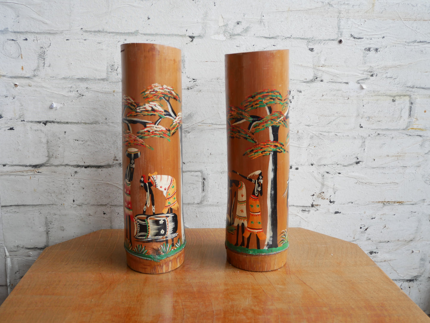 Pair of Vintage 1950s Bamboo Brush Pots Vases Depicting Hanpainted African Scenes