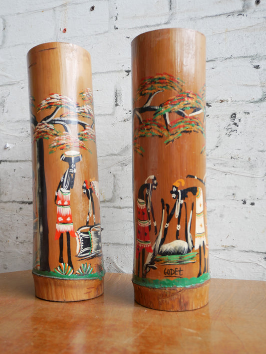 Pair of Vintage 1950s Bamboo Brush Pots Vases Depicting Hanpainted African Scenes