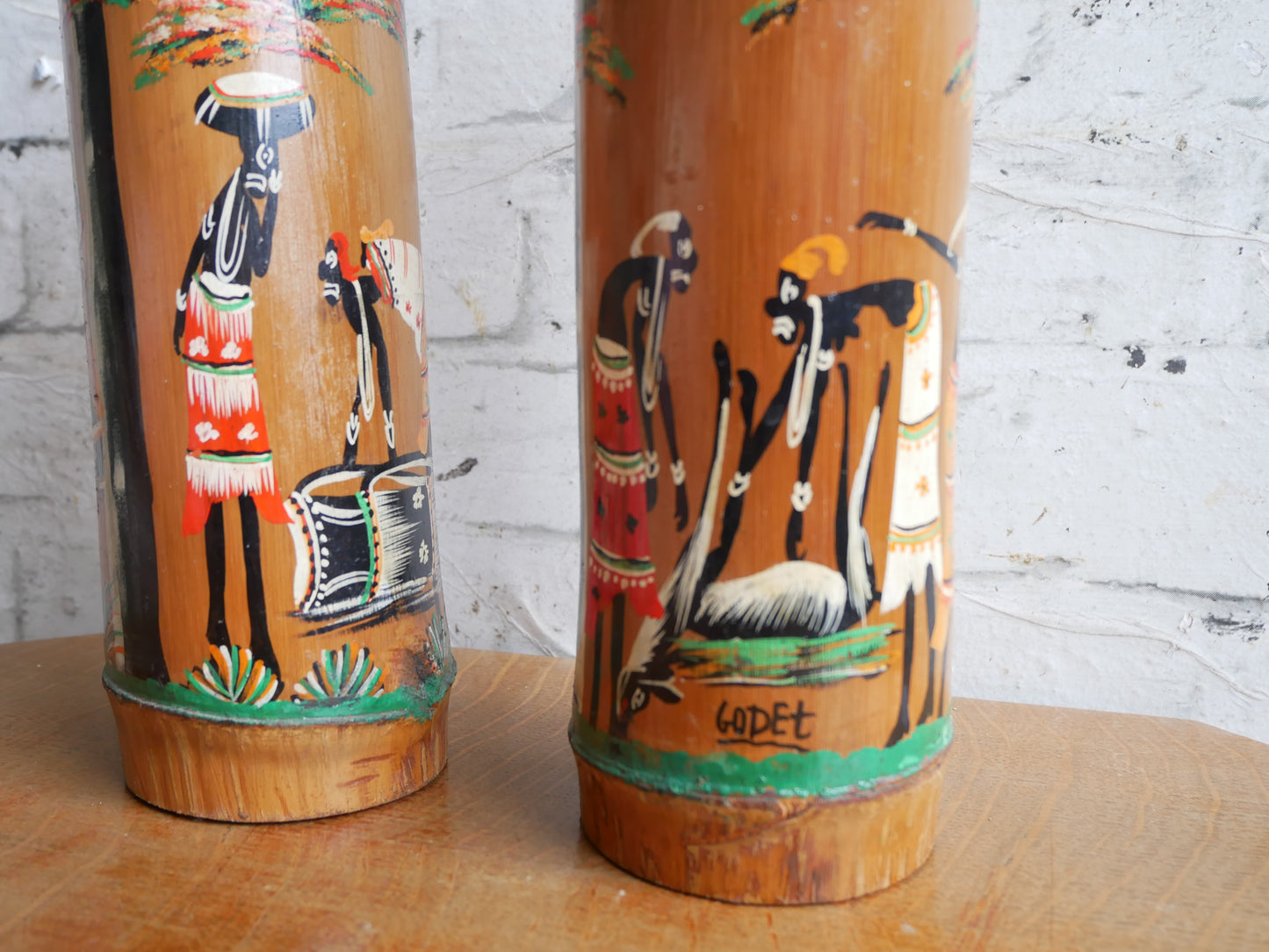 Pair of Vintage 1950s Bamboo Brush Pots Vases Depicting Hanpainted African Scenes