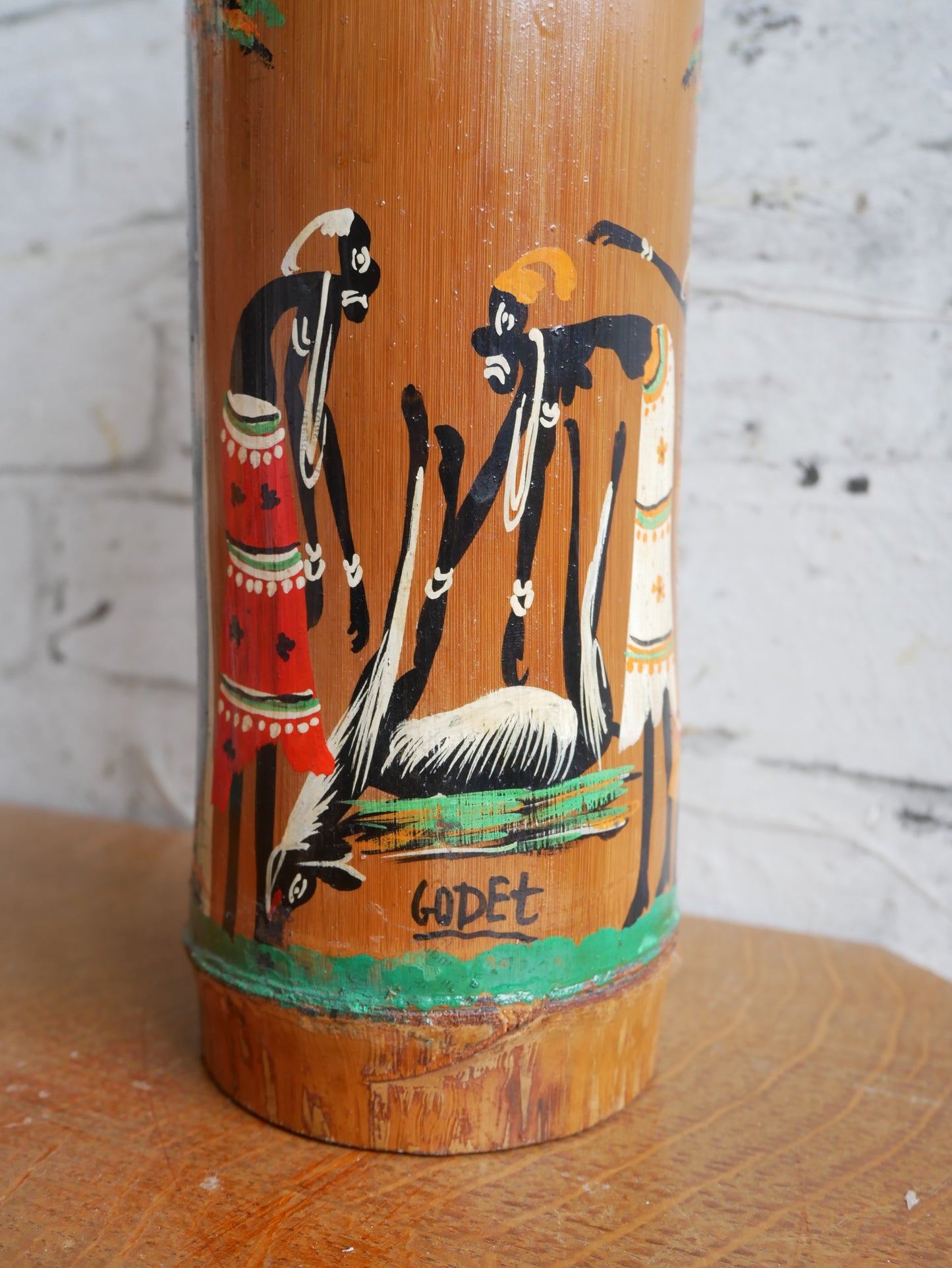 Pair of Vintage 1950s Bamboo Brush Pots Vases Depicting Hanpainted African Scenes