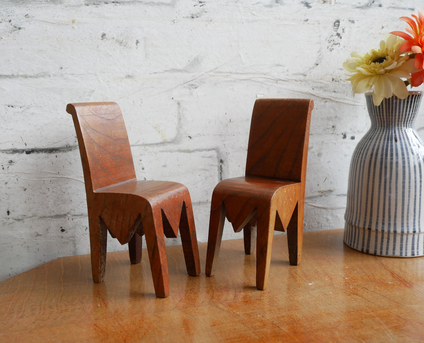 2 Vintage Mid Century Homemade Handmade Folk Art Carved Miniature Chairs