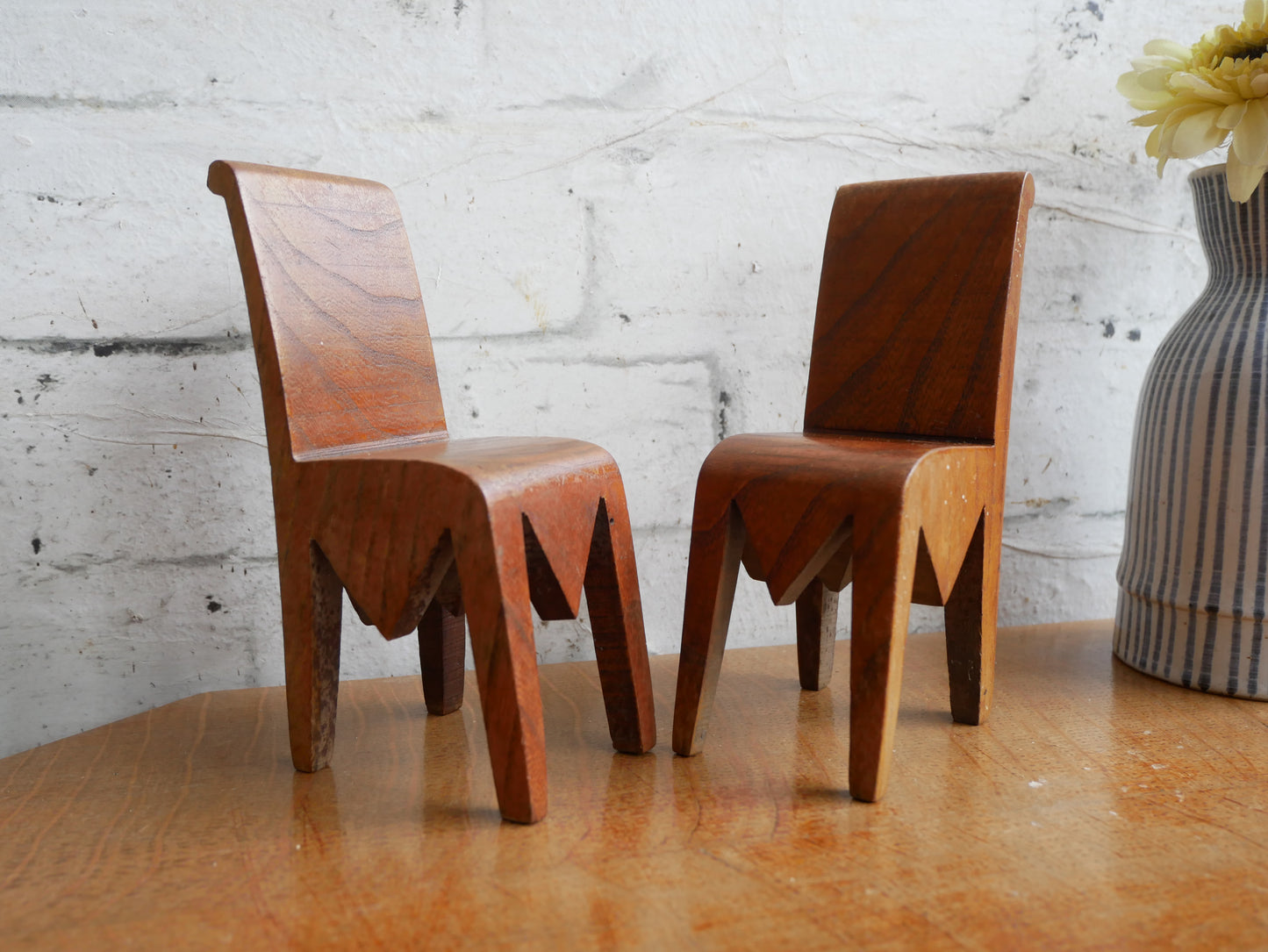2 Vintage Mid Century Homemade Handmade Folk Art Carved Miniature Chairs