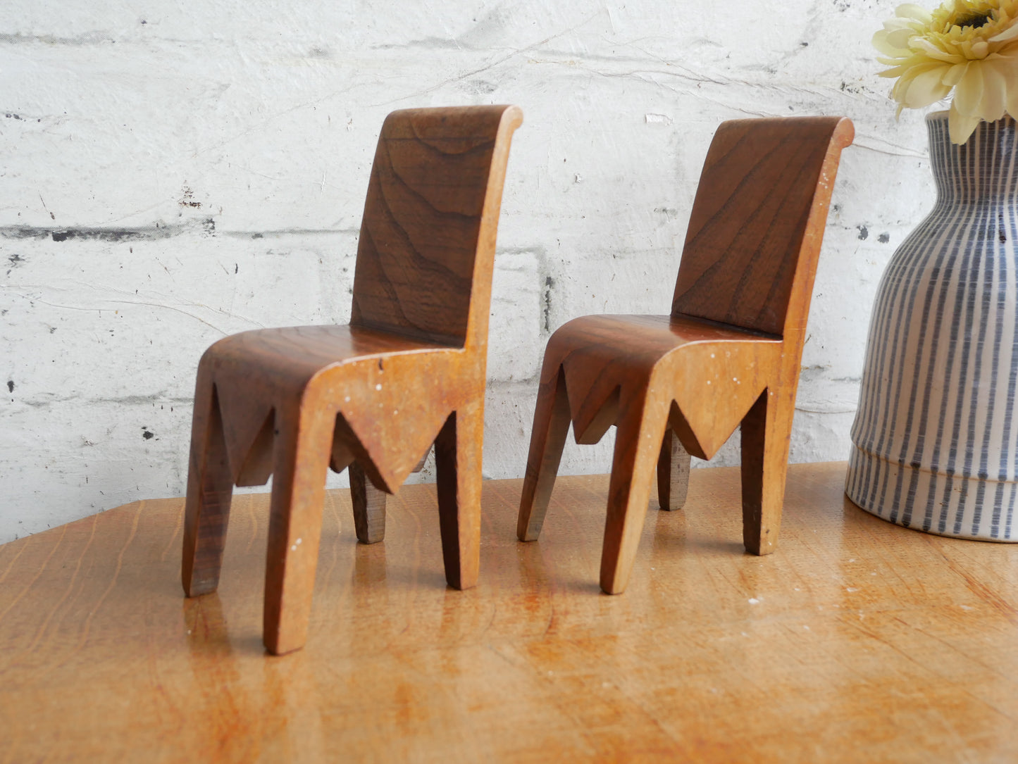 2 Vintage Mid Century Homemade Handmade Folk Art Carved Miniature Chairs