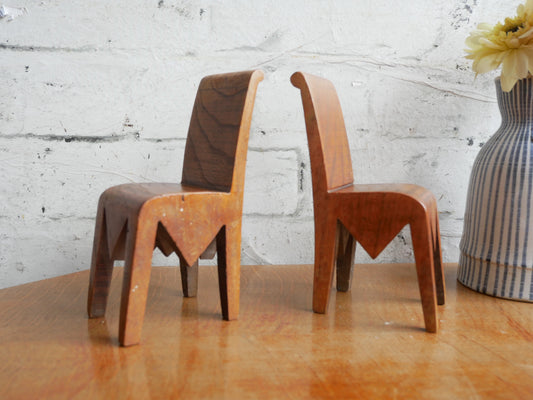2 Vintage Mid Century Homemade Handmade Folk Art Carved Miniature Chairs