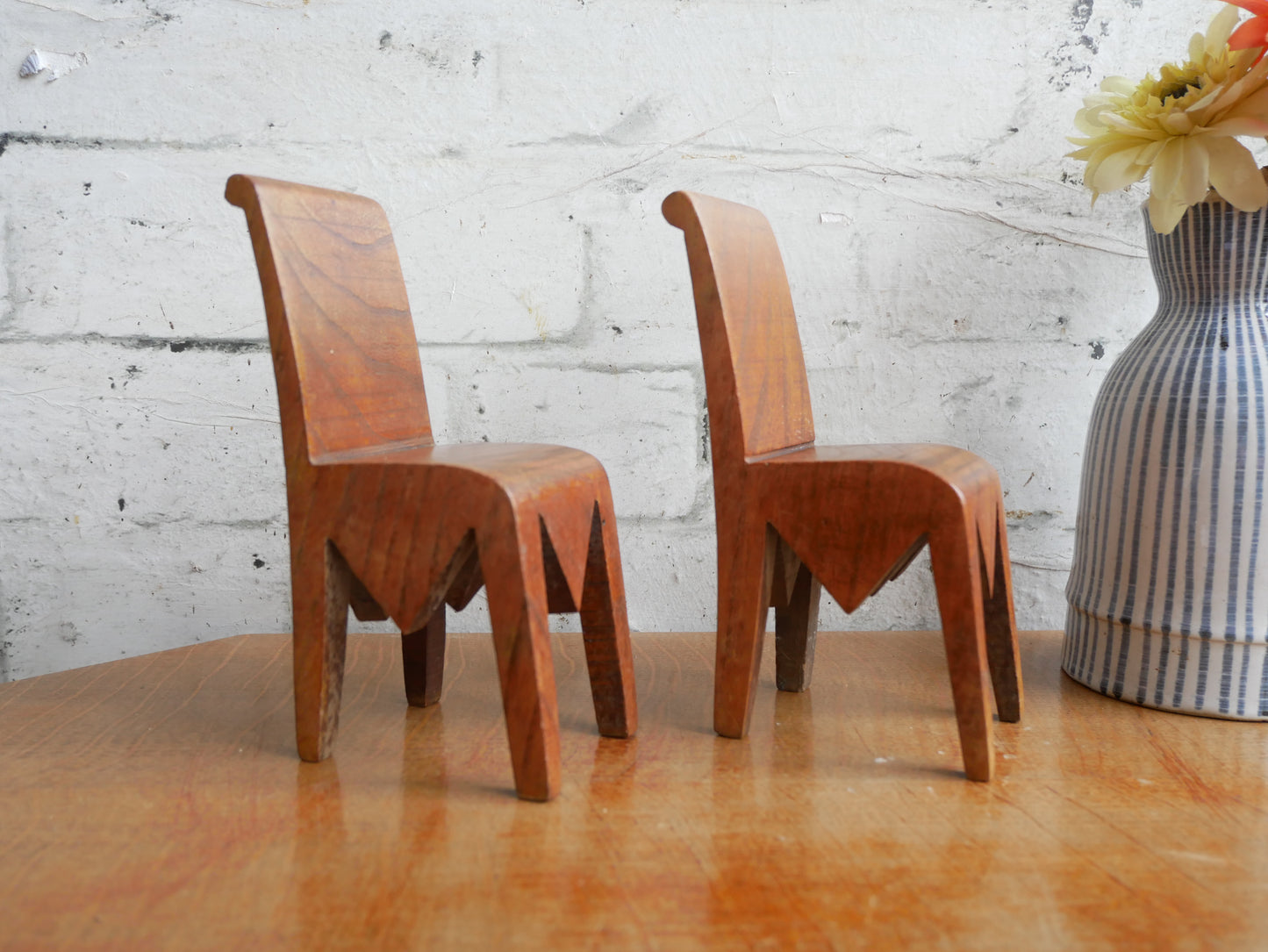 2 Vintage Mid Century Homemade Handmade Folk Art Carved Miniature Chairs