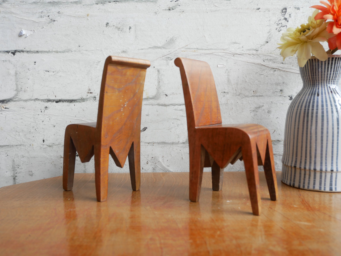 2 Vintage Mid Century Homemade Handmade Folk Art Carved Miniature Chairs