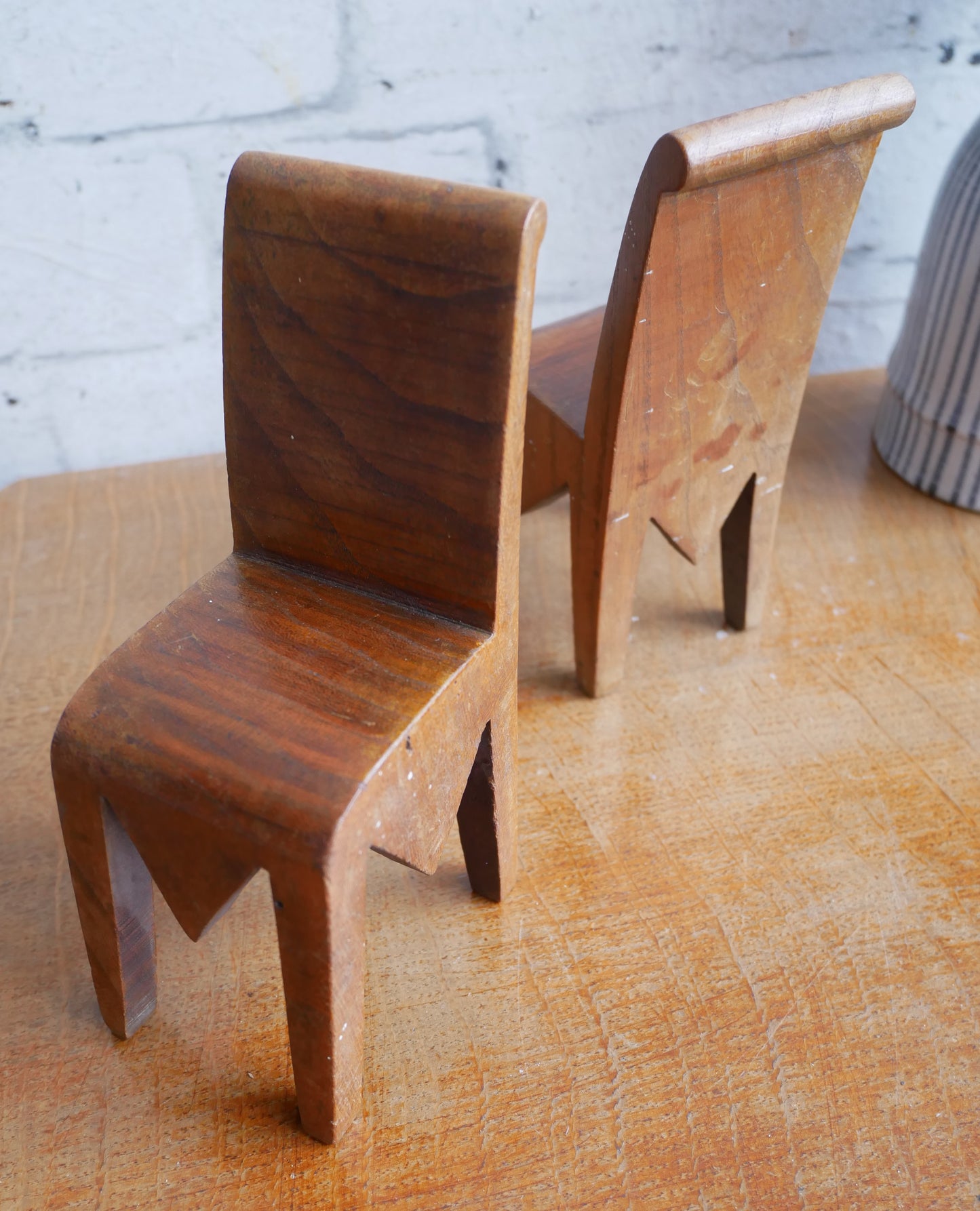 2 Vintage Mid Century Homemade Handmade Folk Art Carved Miniature Chairs