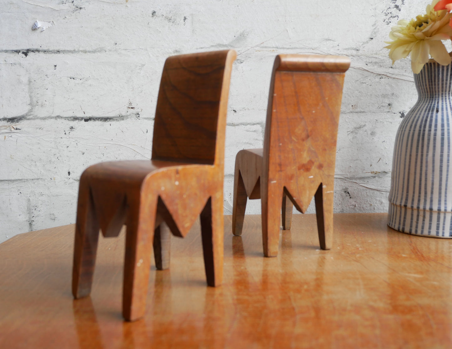 2 Vintage Mid Century Homemade Handmade Folk Art Carved Miniature Chairs