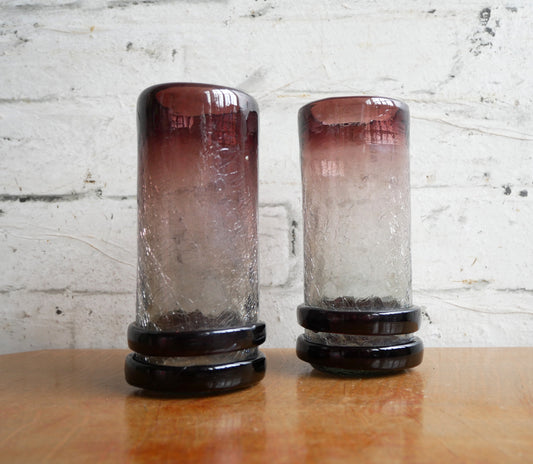 Pair of Small Vintage Aubergine Hooped Crackled Glass Hand Blown Vases