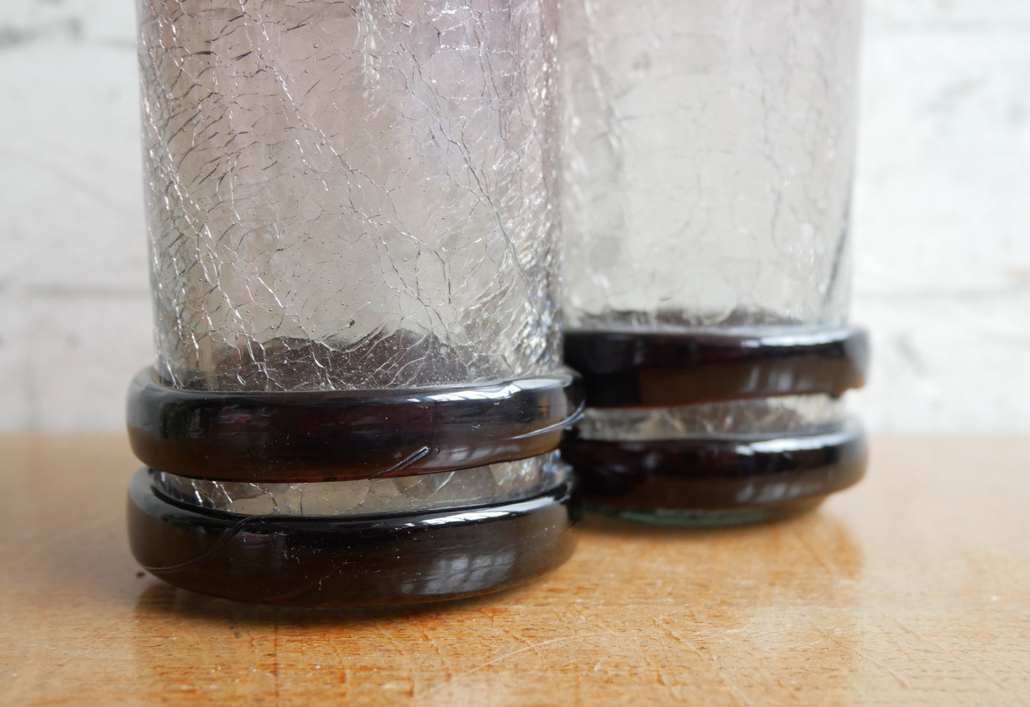 Pair of Small Vintage Aubergine Hooped Crackled Glass Hand Blown Vases