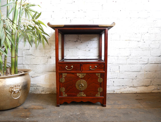 Vintage Japanese Oriental Lamp Table Bedside Storage Pot Cabinet with 2 Drawers & Doors with Fish Lock