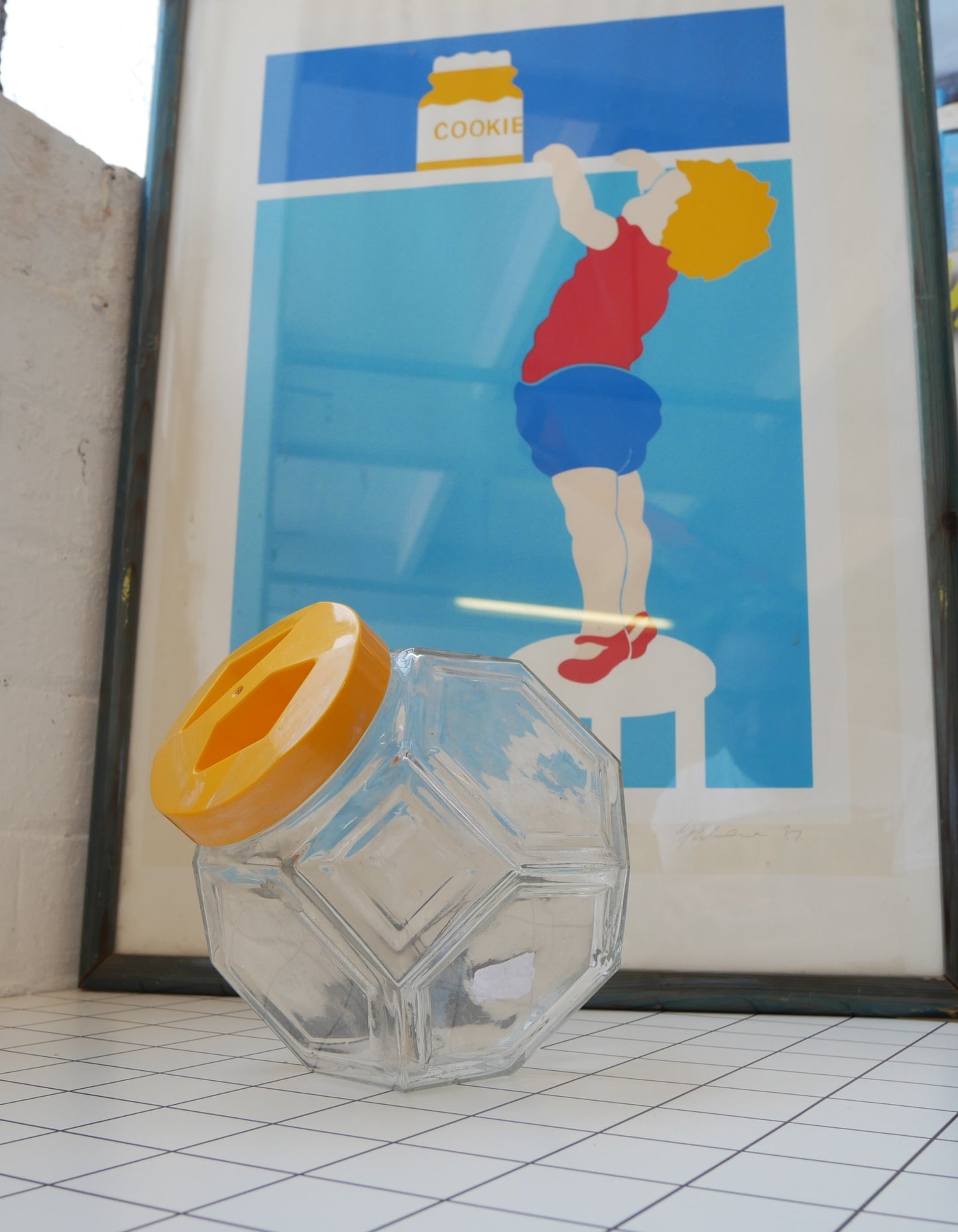 Vintage 1970s Borgonovo Italian Hexagonal Clear Glass Cookie Biscuit Sweets Jar with Yellow Lid