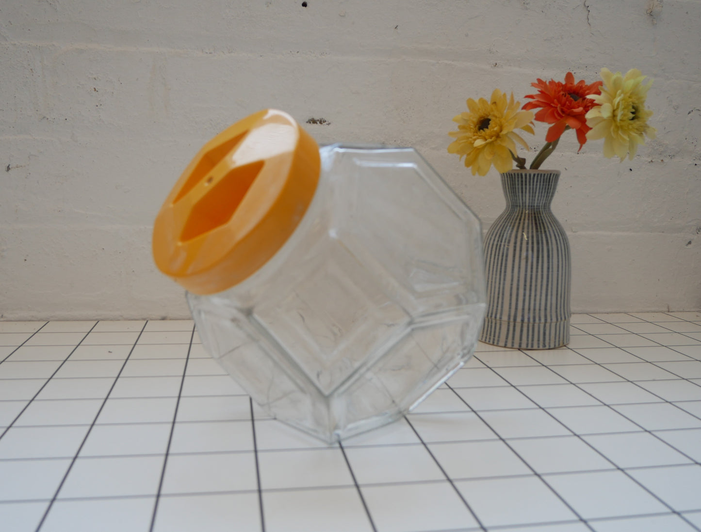 Vintage 1970s Borgonovo Italian Hexagonal Clear Glass Cookie Biscuit Sweets Jar with Yellow Lid