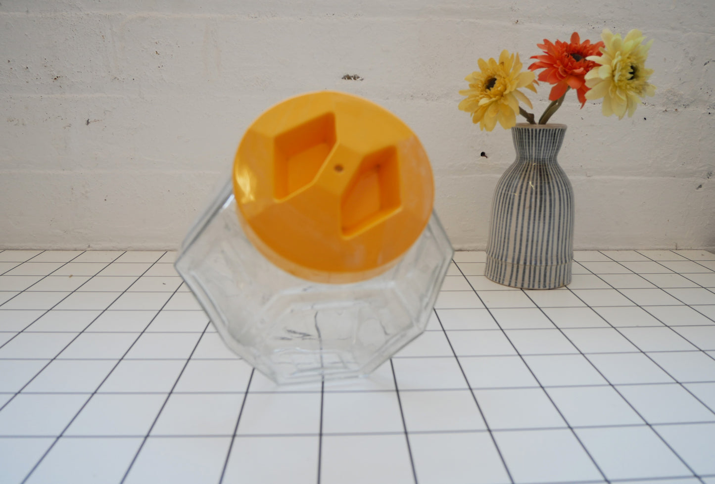 Vintage 1970s Borgonovo Italian Hexagonal Clear Glass Cookie Biscuit Sweets Jar with Yellow Lid