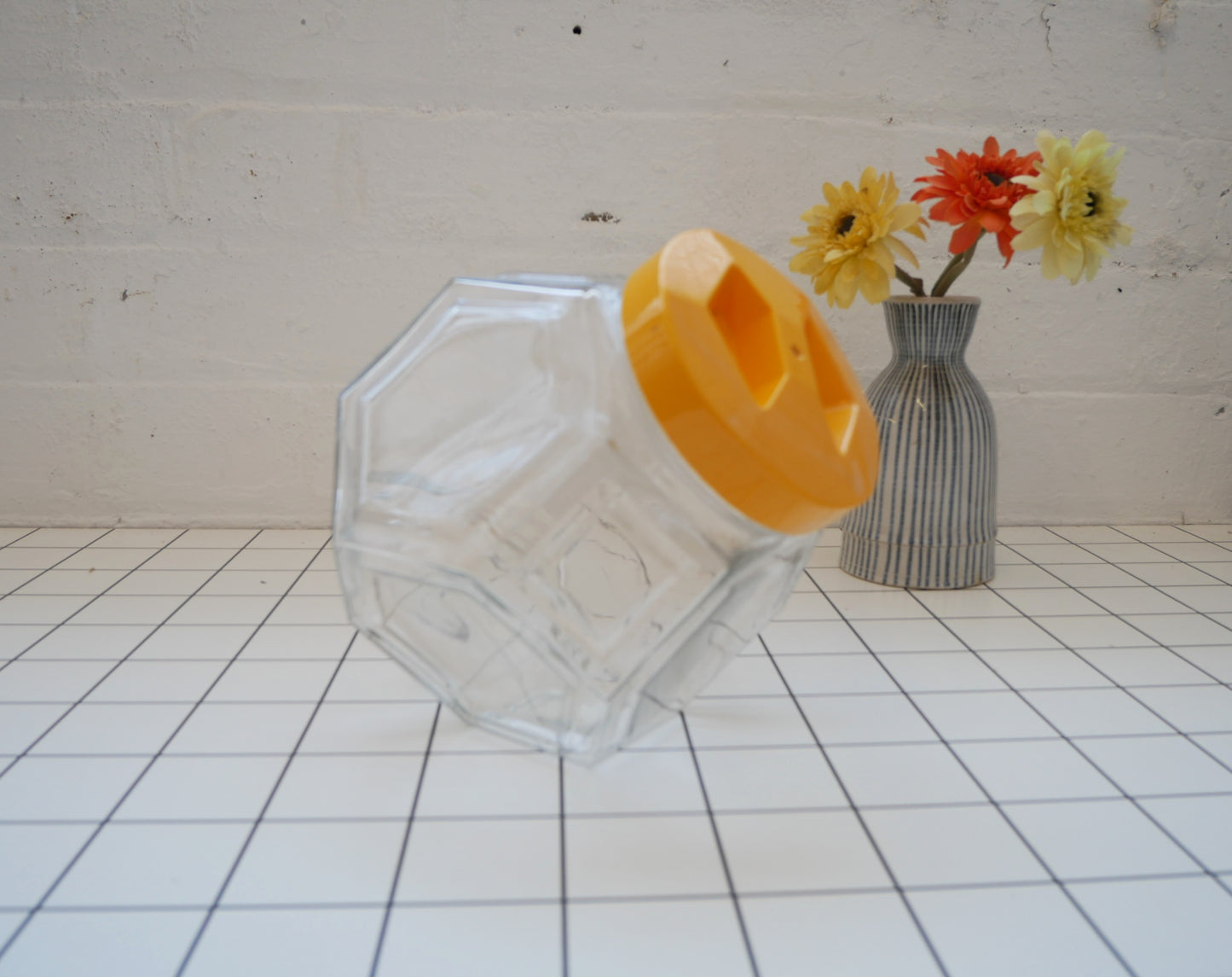 Vintage 1970s Borgonovo Italian Hexagonal Clear Glass Cookie Biscuit Sweets Jar with Yellow Lid