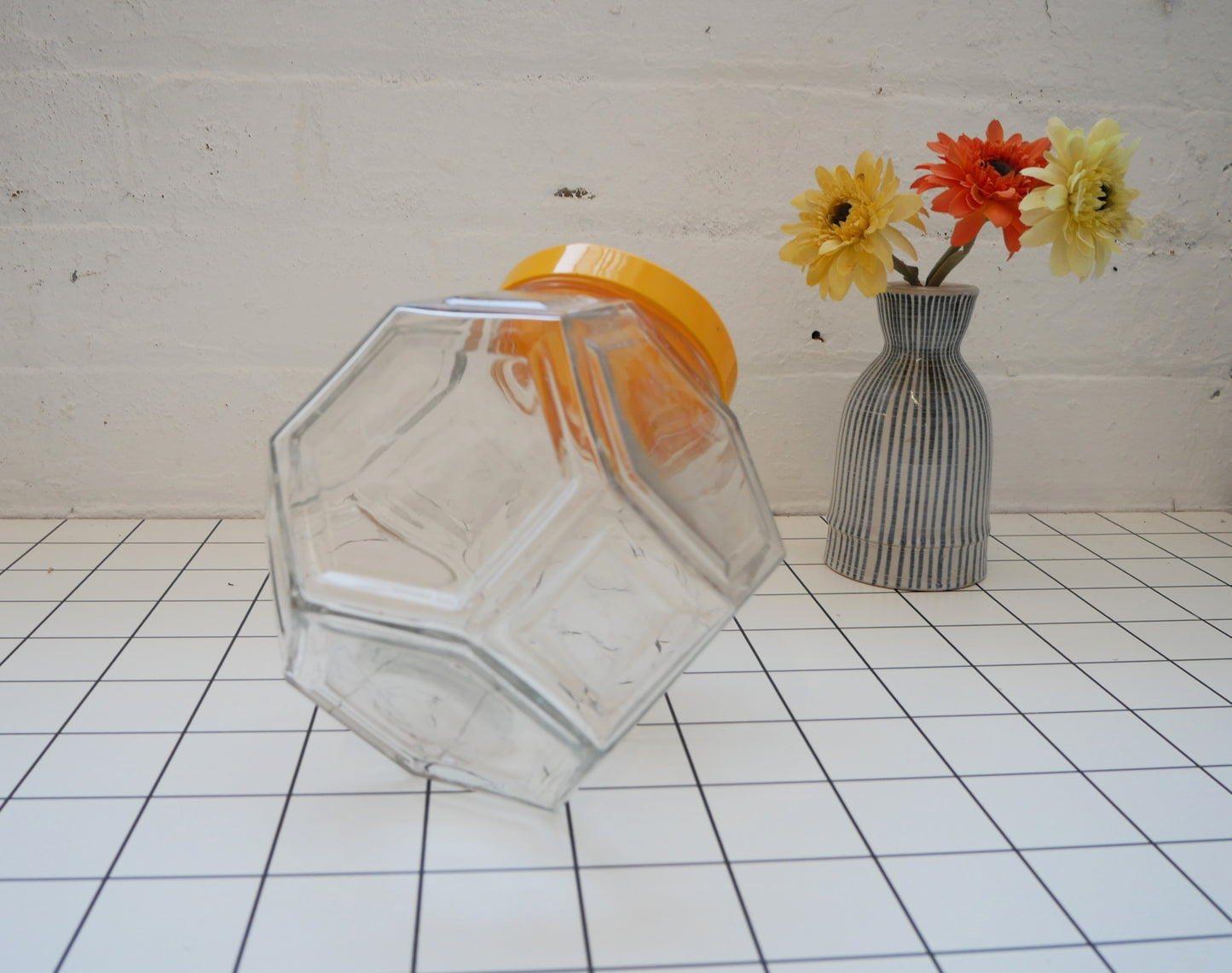Vintage 1970s Borgonovo Italian Hexagonal Clear Glass Cookie Biscuit Sweets Jar with Yellow Lid