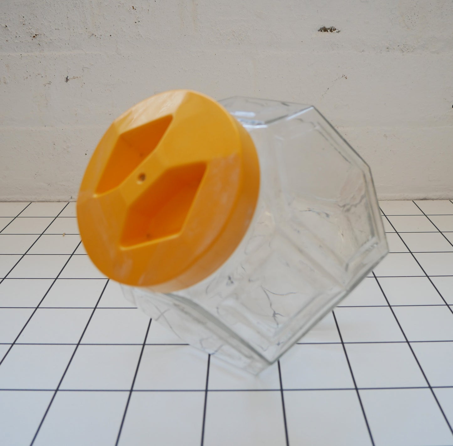 Vintage 1970s Borgonovo Italian Hexagonal Clear Glass Cookie Biscuit Sweets Jar with Yellow Lid