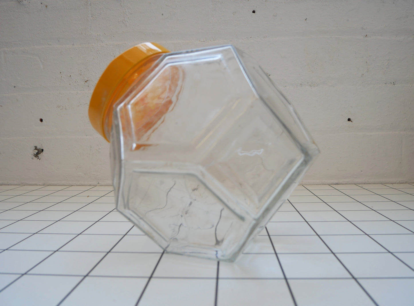 Vintage 1970s Borgonovo Italian Hexagonal Clear Glass Cookie Biscuit Sweets Jar with Yellow Lid