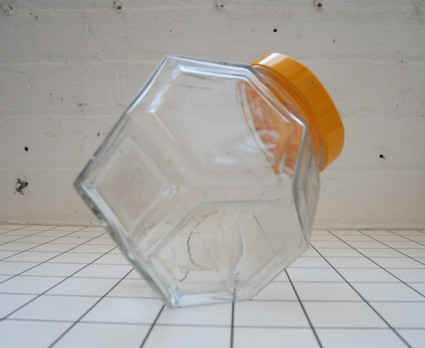 Vintage 1970s Borgonovo Italian Hexagonal Clear Glass Cookie Biscuit Sweets Jar with Yellow Lid