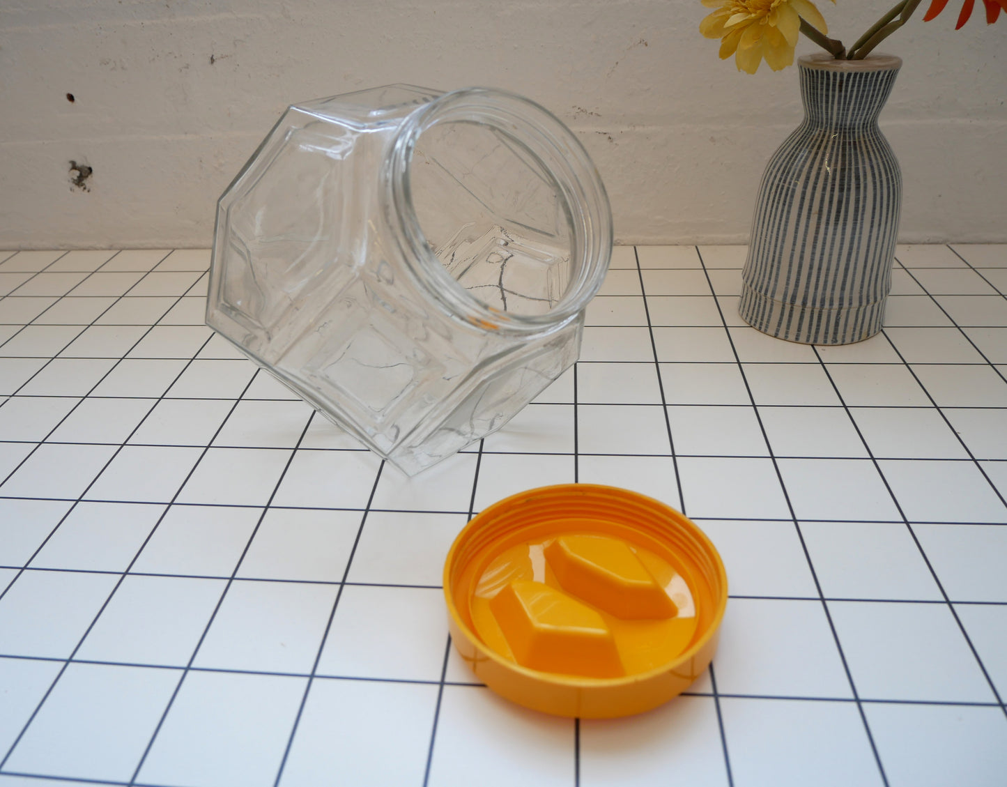 Vintage 1970s Borgonovo Italian Hexagonal Clear Glass Cookie Biscuit Sweets Jar with Yellow Lid