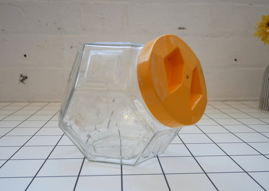 Vintage 1970s Borgonovo Italian Hexagonal Clear Glass Cookie Biscuit Sweets Jar with Yellow Lid