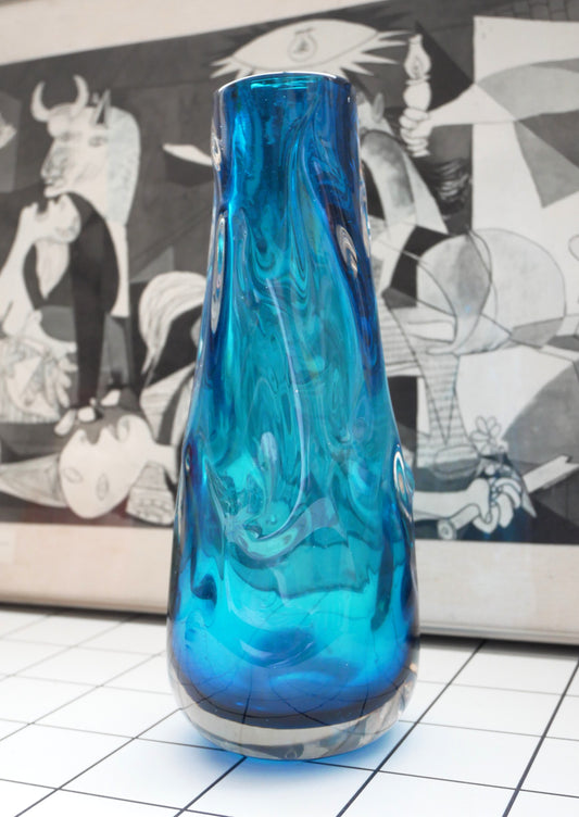 Vintage Mid Century Modern Whitefriars Kingfisher Blue Knobbly Glass Vase