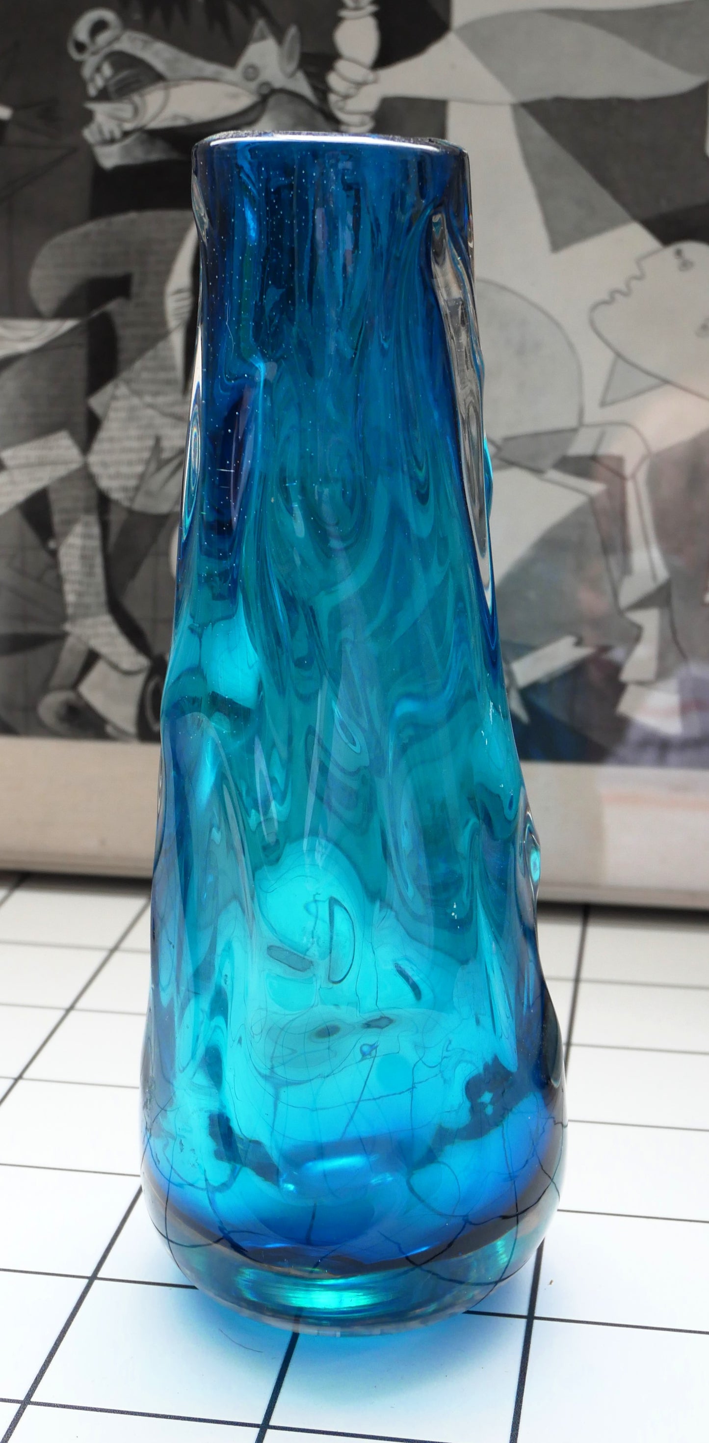 Vintage Mid Century Modern Whitefriars Kingfisher Blue Knobbly Glass Vase