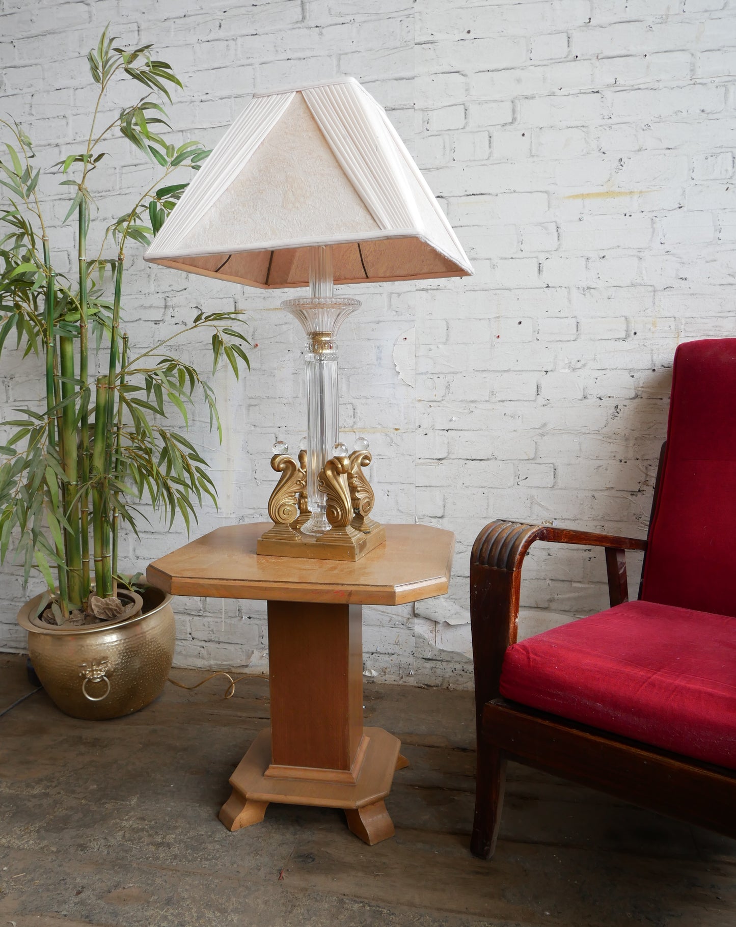 Vintage 70s 80s Underwriters Laboratories Hollywood Regency Brass Cut Glass Table Lamp