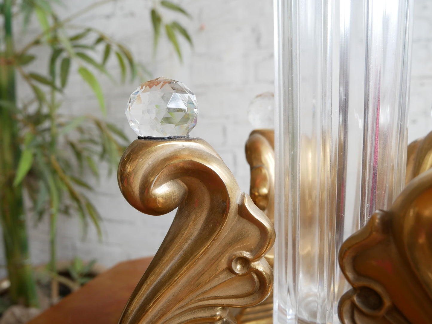 Vintage 70s 80s Underwriters Laboratories Hollywood Regency Brass Cut Glass Table Lamp