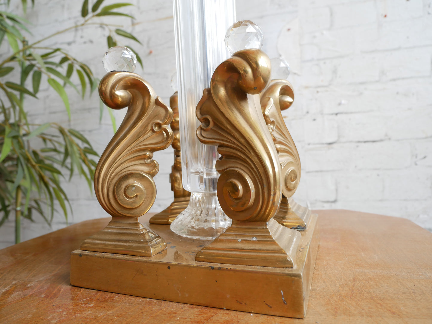 Vintage 70s 80s Underwriters Laboratories Hollywood Regency Brass Cut Glass Table Lamp
