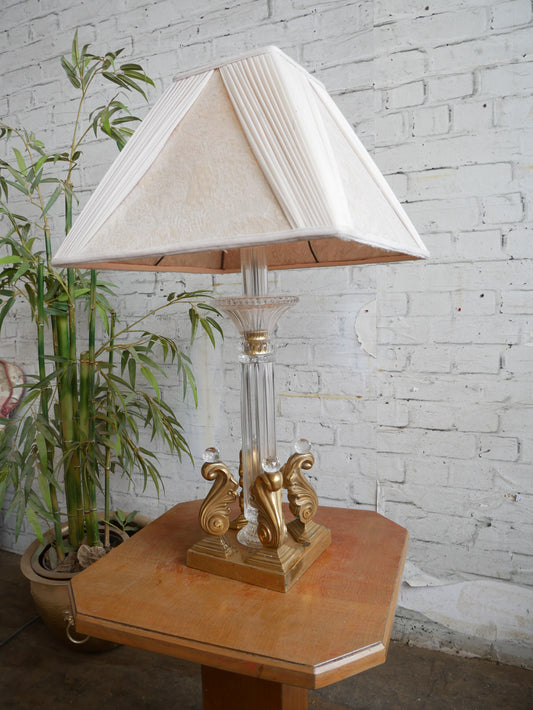 Vintage 70s 80s Underwriters Laboratories Hollywood Regency Brass Cut Glass Table Lamp