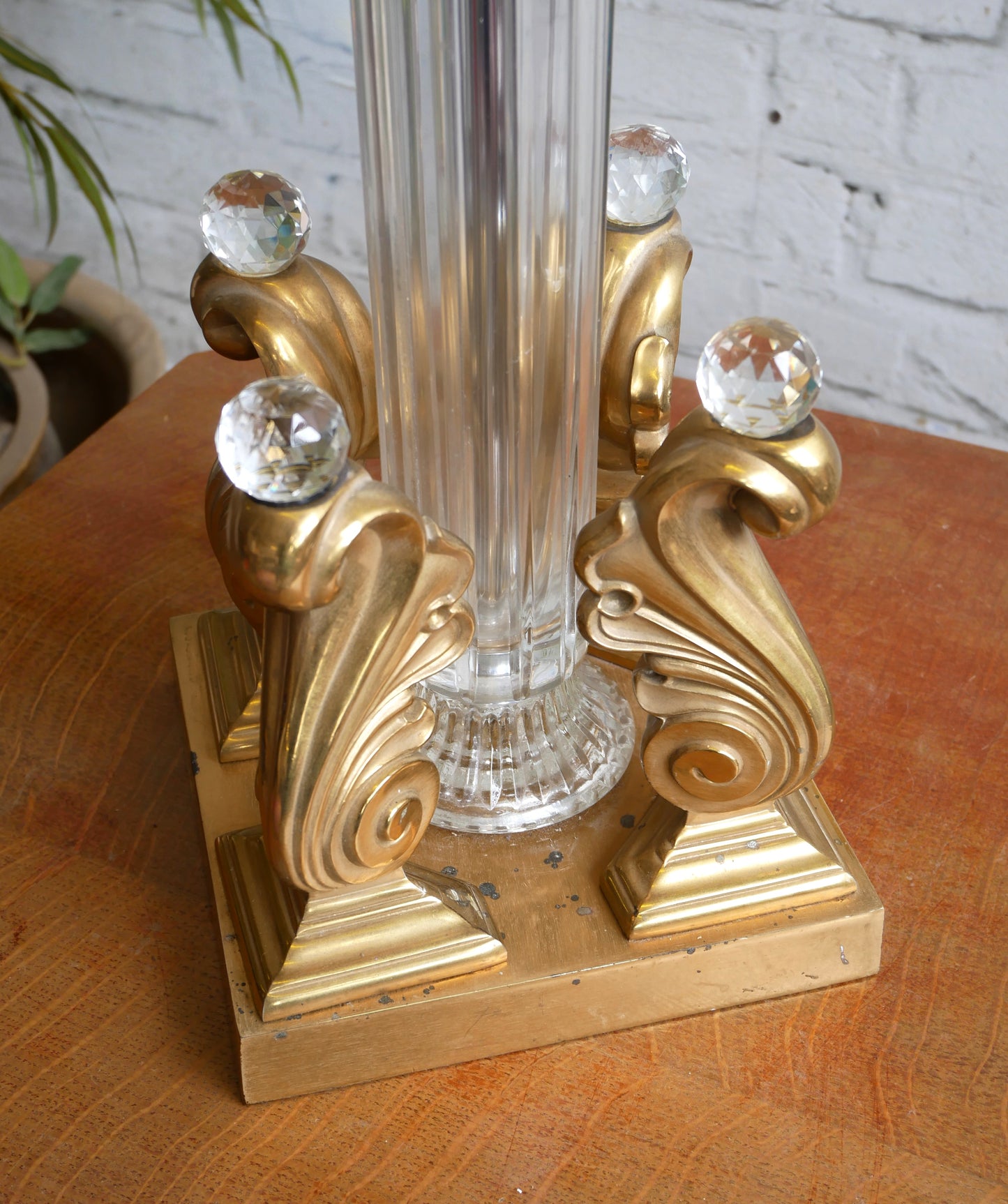 Vintage 70s 80s Underwriters Laboratories Hollywood Regency Brass Cut Glass Table Lamp
