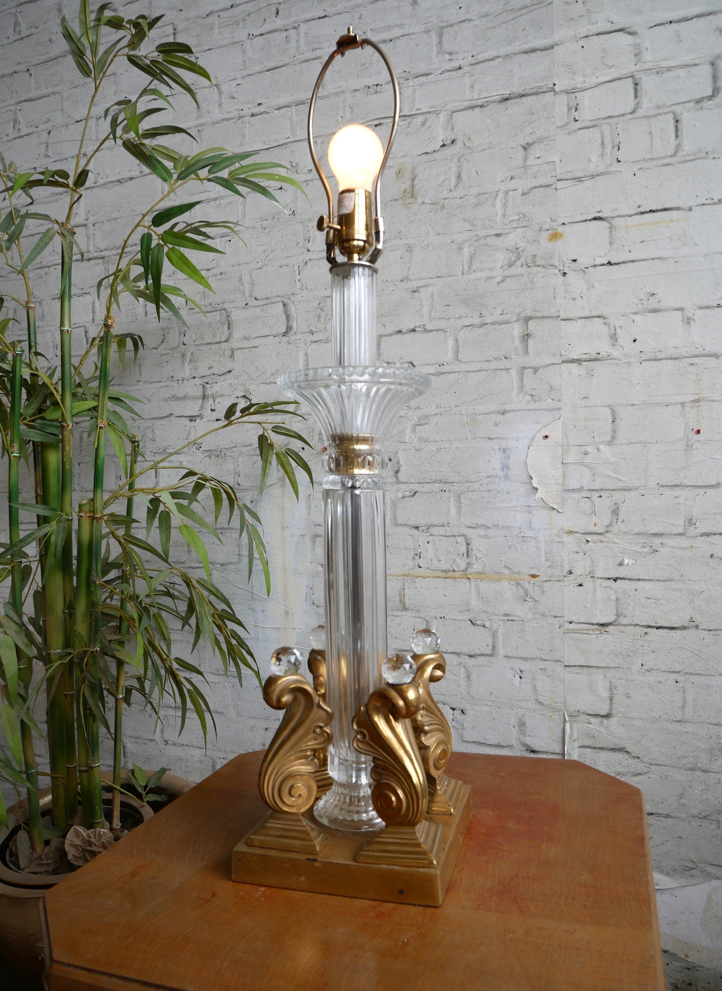 Vintage 70s 80s Underwriters Laboratories Hollywood Regency Brass Cut Glass Table Lamp