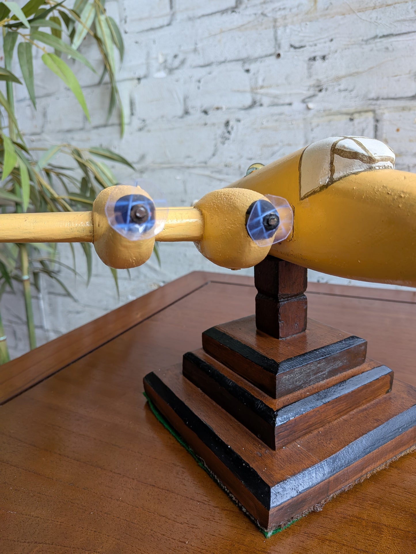 Vintage 50s 60s Folk Art Hand Painted Wooden Lancaster Bomber Toy Model on Art Deco Base