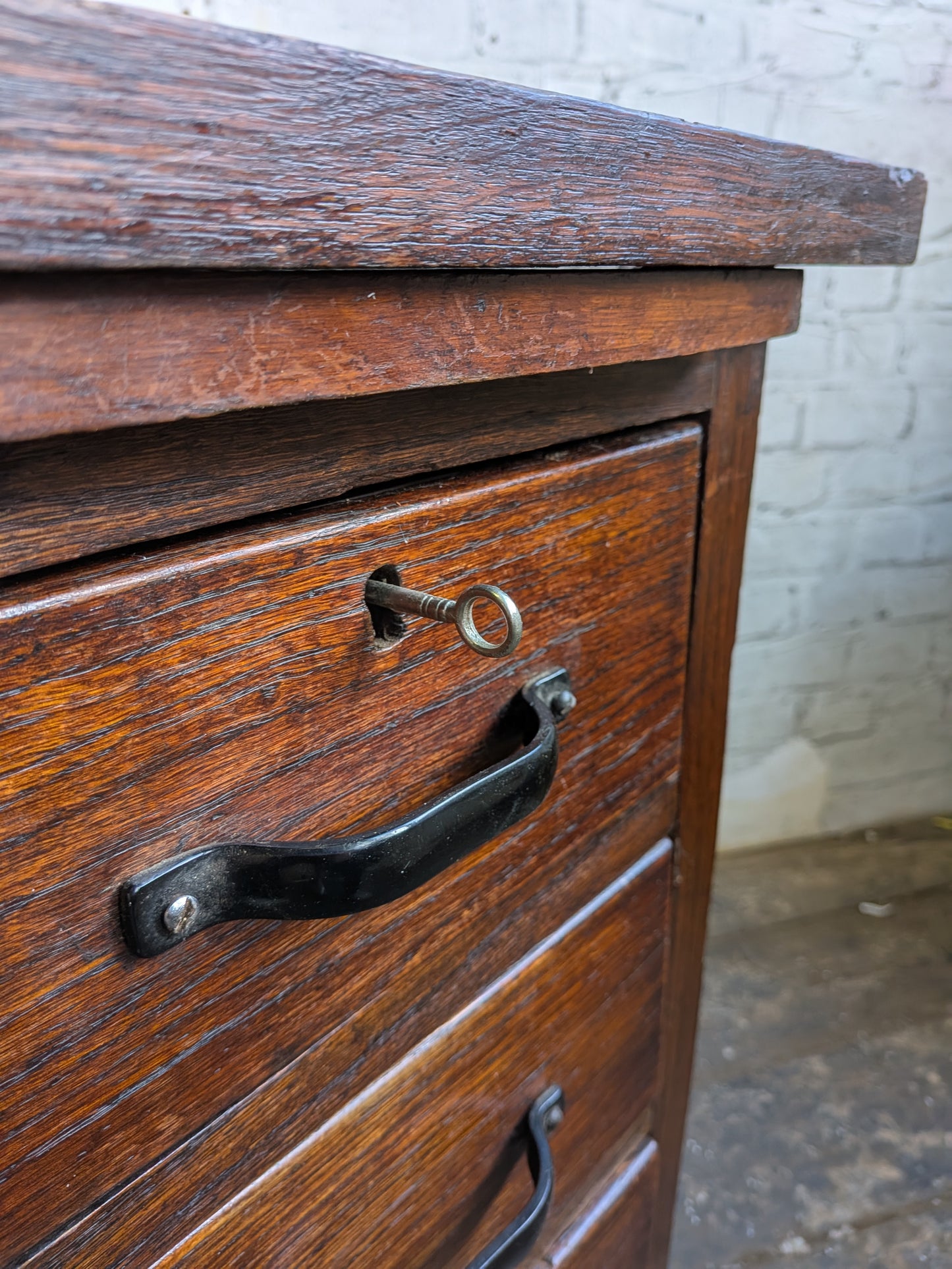 Small Vintage 40s 50s Oak 3 Drawer Extending Industrial Factory Pedestal Desk