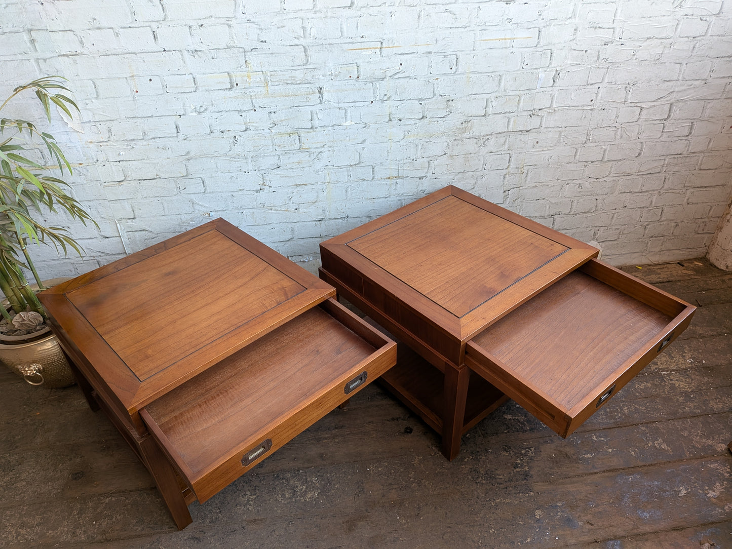 2 x Large Vintage Military Campaign Style Side Sofa Coffee Tables with Drawers
